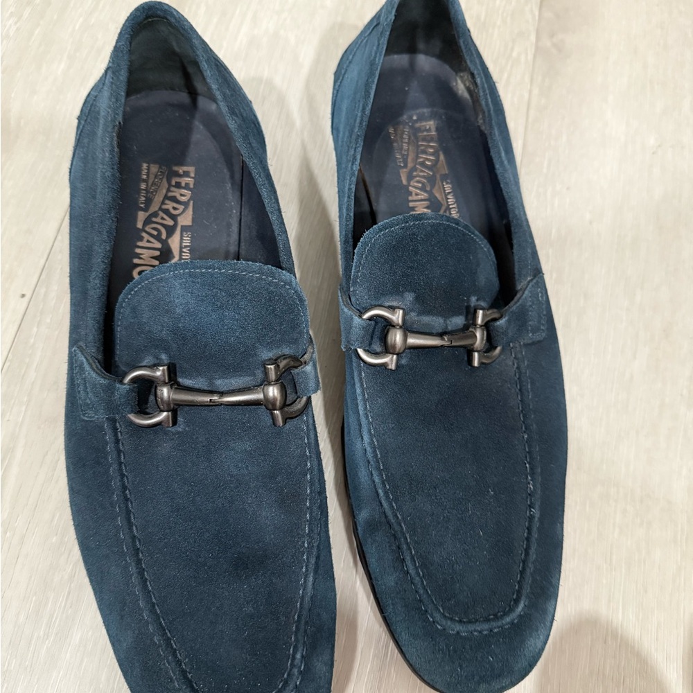 Salvatore Ferragamo Navy Suede Slip-Ons